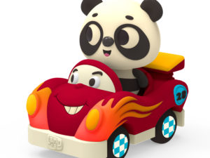 B.Toys – Land of B. Miękkie autko sensoryczne z wesołym pasażerem - wyścigówka z pandą – Bingo & Freddy Zoom