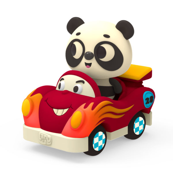 B.Toys – Land of B. Miękkie autko sensoryczne z wesołym pasażerem - wyścigówka z pandą – Bingo & Freddy Zoom