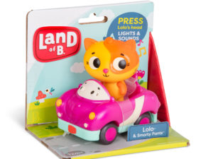 B.Toys – Land of B. Miękkie autko sensoryczne z wesołym pasażerem - wyścigówka z kotkiem – Lolo & Smarty Pants