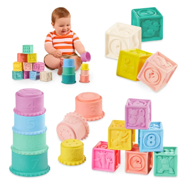 b.toys zestaw sensoryczny miękkie kubeczki i klocki sensoryczne stackin’ squishies 17el.6m+